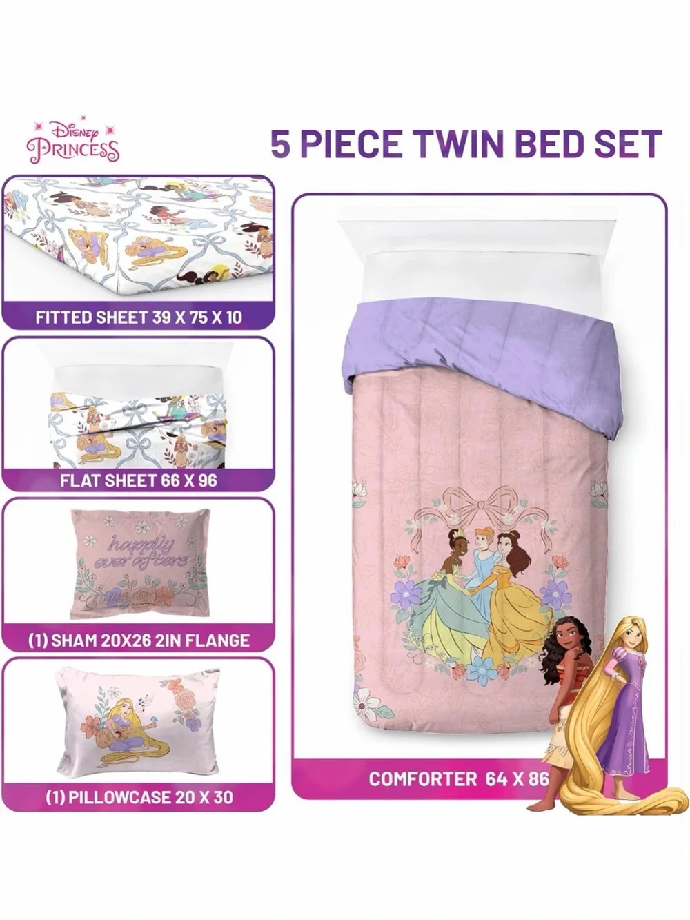 Pink Disney Princess👸Soft & Cozy 5 Pcs Twin Bed🛏️Set